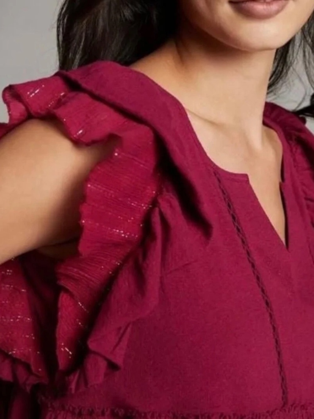 Anthropologie Caroline Ruffled Babydoll Top. Size XS. Color Raspberry. - Picture 3 of 9
